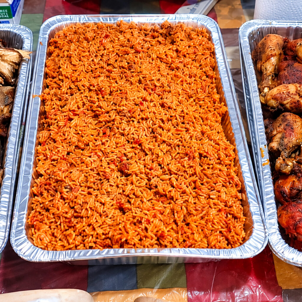 Jollof Rice, Fried Fish & Grilled Chicken